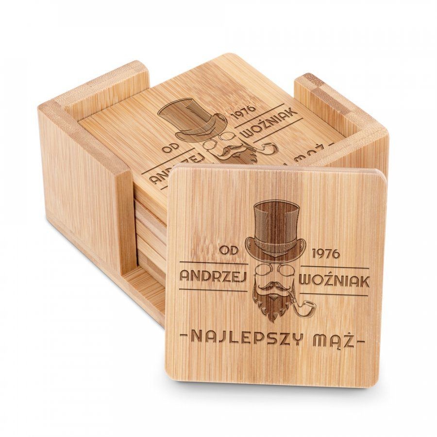 Murrano Podkładki bambusowe pod piwo kawę zestaw x6 grawer dla męża PDK-BMB-033