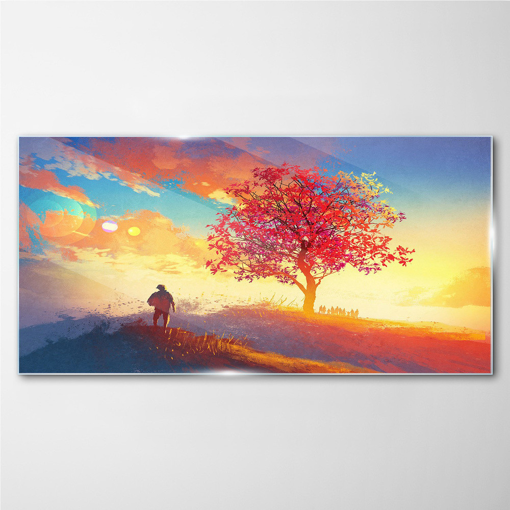 PL Coloray Obraz Szklany wzgórze drzewo zachód słońca 100x50cm