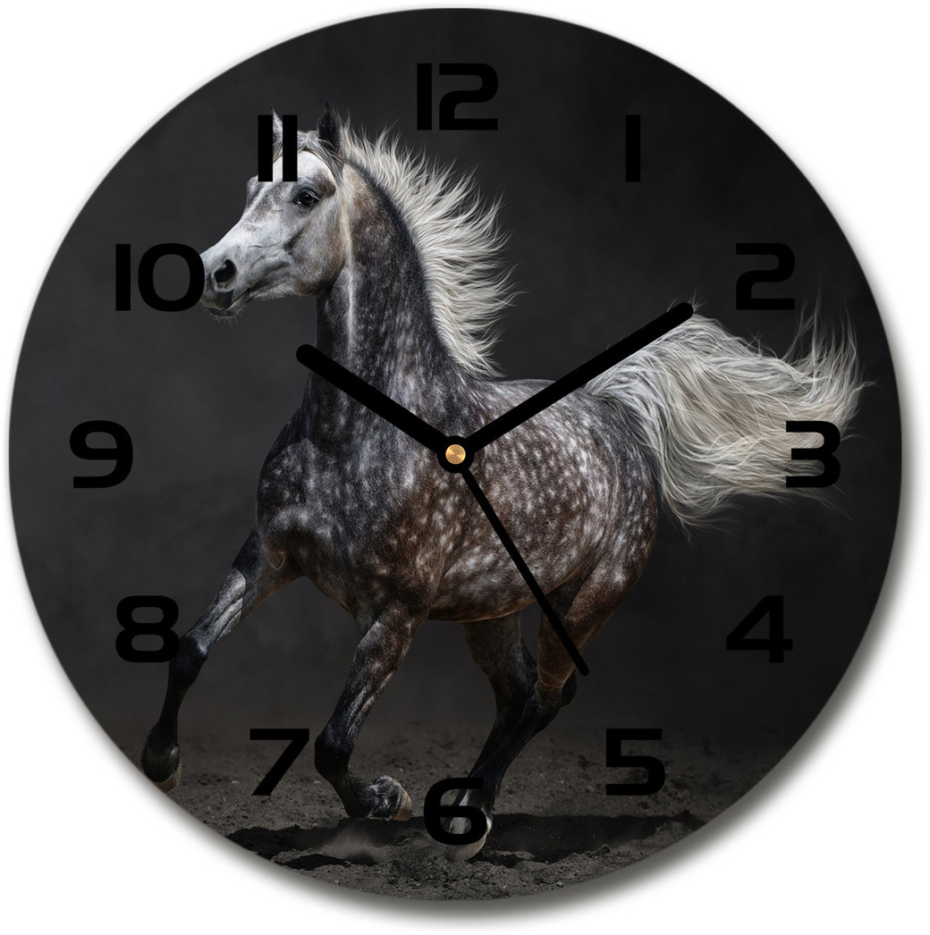 Zegar szklany okrągły Szary koń arabski