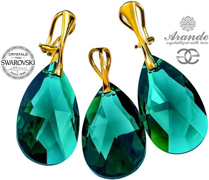 Arande SWAROVSKI szmaragdowy komplet EMERALD GOLD ZŁOTE SREBRO KLIPSY+WISIOREK 700444