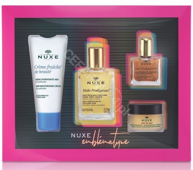 Nuxe promocyjny zestaw suchy olejek o wielu zastosowanich 30 ml + krem nawilżający do cery normalnej nowa formuła 30 ml + suchy olejek ze złotymi drobinkami 10 ml + balsam do ust 15 g | DARMOWA DO