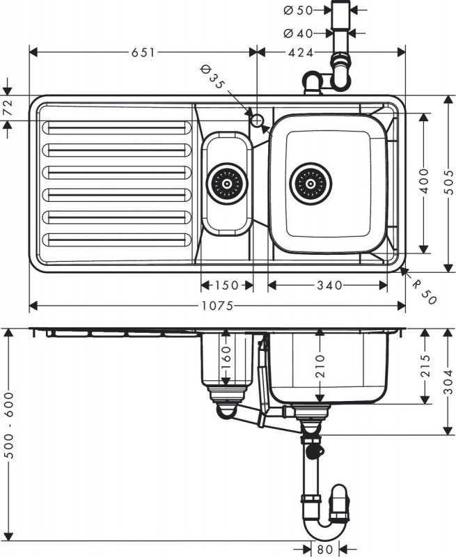 Hansgrohe S41 Zlewozmywak stalowy półtorakomorowy 107,5x50,5 cm + syfon stal szlachetna 43342800