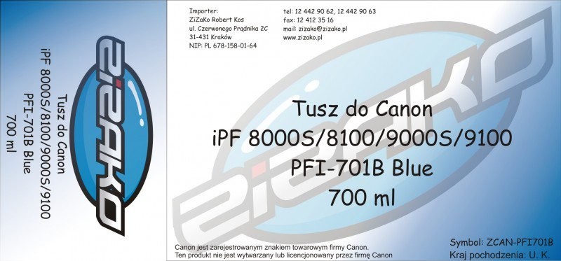 DrTusz Yvesso Yvesso PFI-701B Blue 700ml do Canon iPF8000S iPF8100 iPF9000S iPF9100 CF0908B001AA