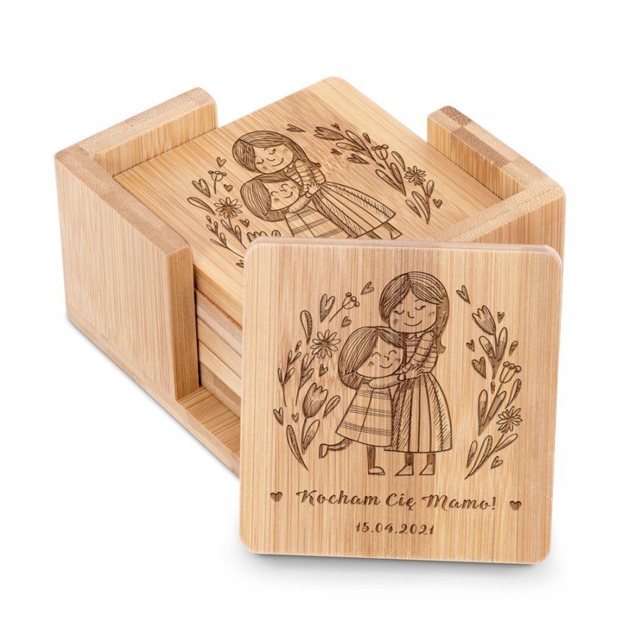 Murrano Podkładki bambusowe pod piwo kawę zestaw x6 grawer dla mamy PDK-BMB-009