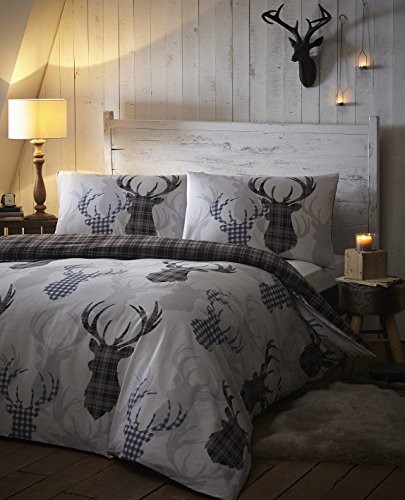 De Cama De CAMA Tartan Check jeleń zestaw pościeli, Poszewka na kołdrę, szare/czarne, King 12395546