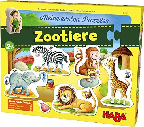 Haba 303703 mój pierwszy Puzzles Zoo zwierząt |kinderpuzzle z 5 wesołych motywami zwierzęcymi od 2 lat | z ZOO przejazdowy drewniana figurka do swobodnego zabawy