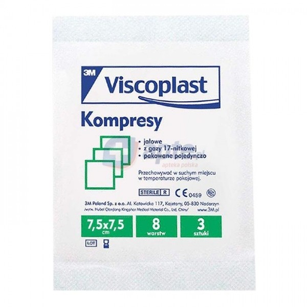 3M Poland Kompresy gazowe jałowe Viscoplast 7,5cm x 7,5cm x3 sztuki