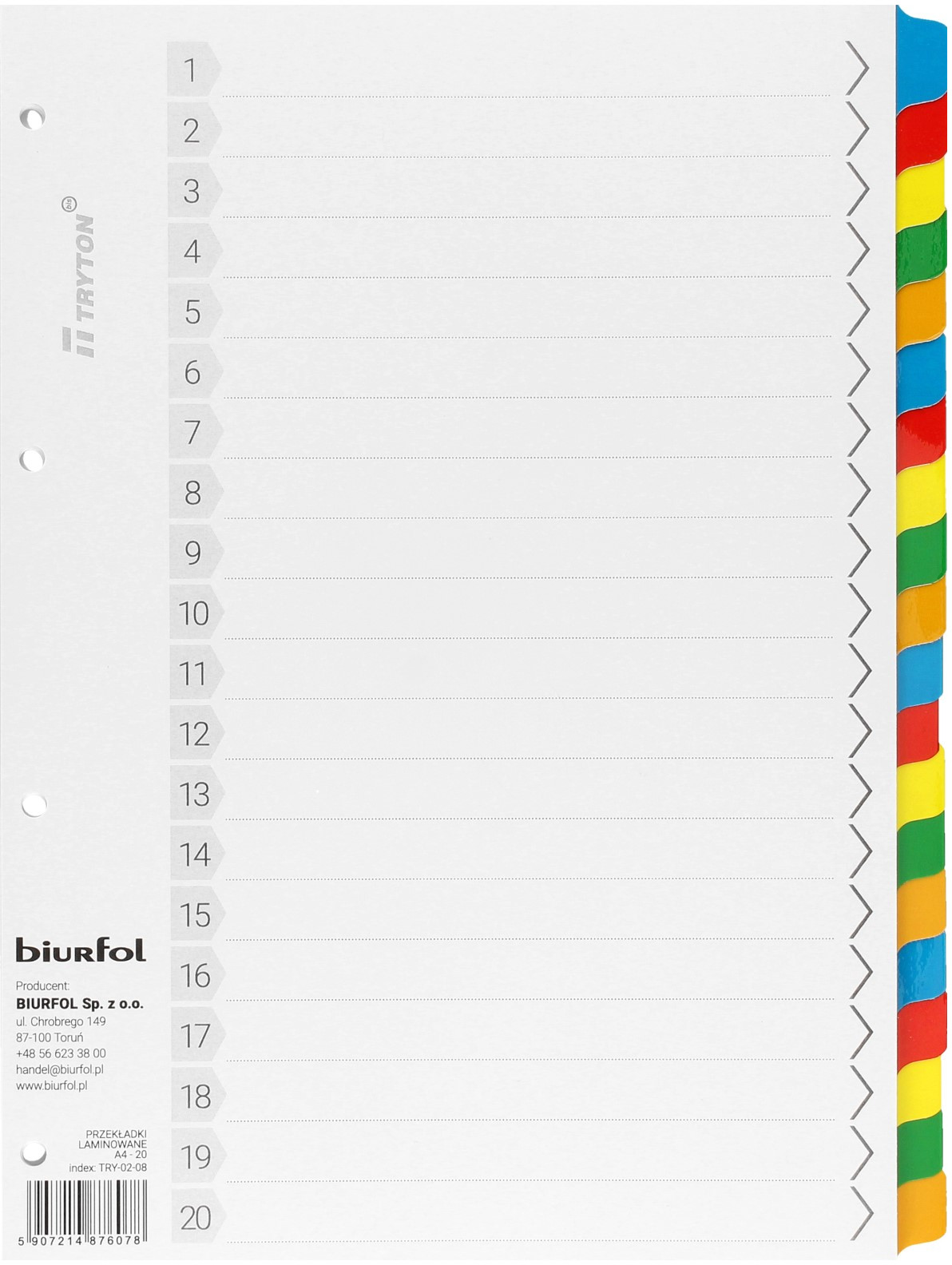 BIURFOL Przekładki kartonowe A4 20k kolorowe Biurfol