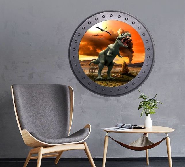 Naklejka okrągłe okno z dinozaurami 3D008