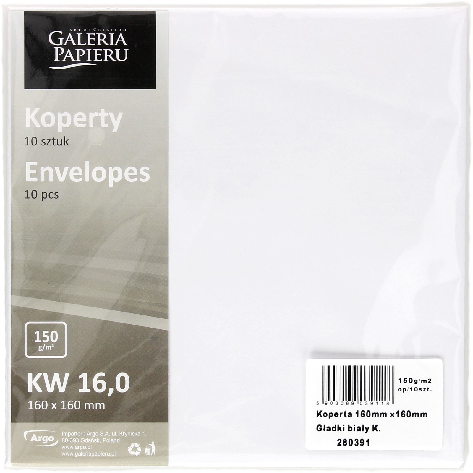 Galeria Papieru Koperty 160x160 gładkie białe 150g - 10 szt. w opak.