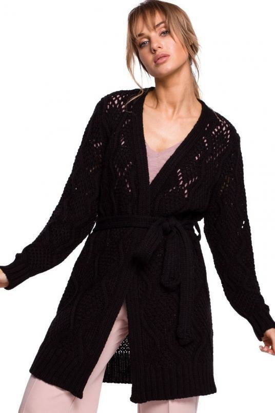 SukienkiShop Długi kardigan ażurowy sweter z paskiem czarny - SukienkiShop