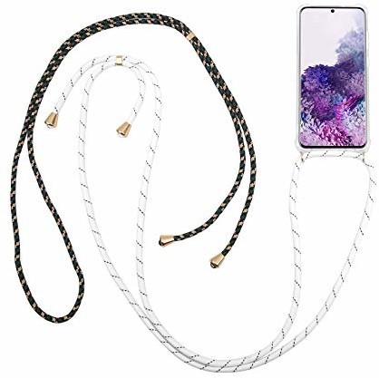 Celly Etui ochronne z paskiem do zawieszenia do Samsung Galaxy S20+, przezroczyste etui ochronne, do zawieszenia, regulowane, z paskiem do zawieszenia, 2 sznurki, biały/zielony LACET990WHGN