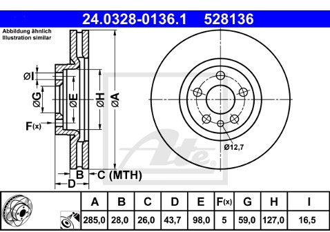 ATE TARCZA HAM POWER DISC 24.0328-0136.1 PEUGEOT 807 2.0HDI 09-/ FIAT ULYSSE 2.2JTD 08-11/ CITROEN C8 2.0HDI 07-  24.0328-0136.1