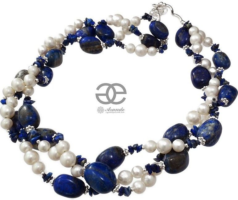 Arande Perły Lapis Lazuli Przepiękny Naszyjnik Srebro Unikat 700613