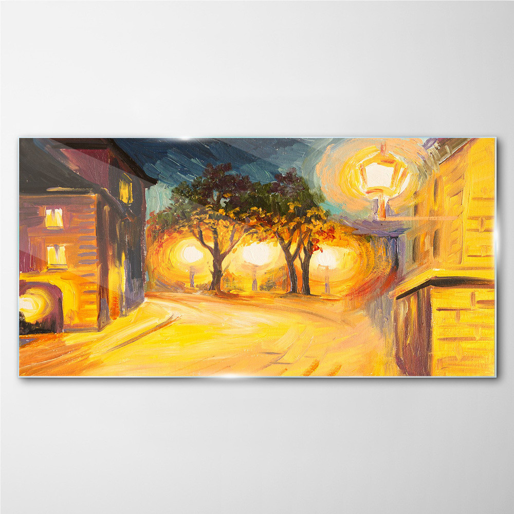 PL Coloray Obraz na Szkle Miasto Lampy Noc Drzewa 120x60cm