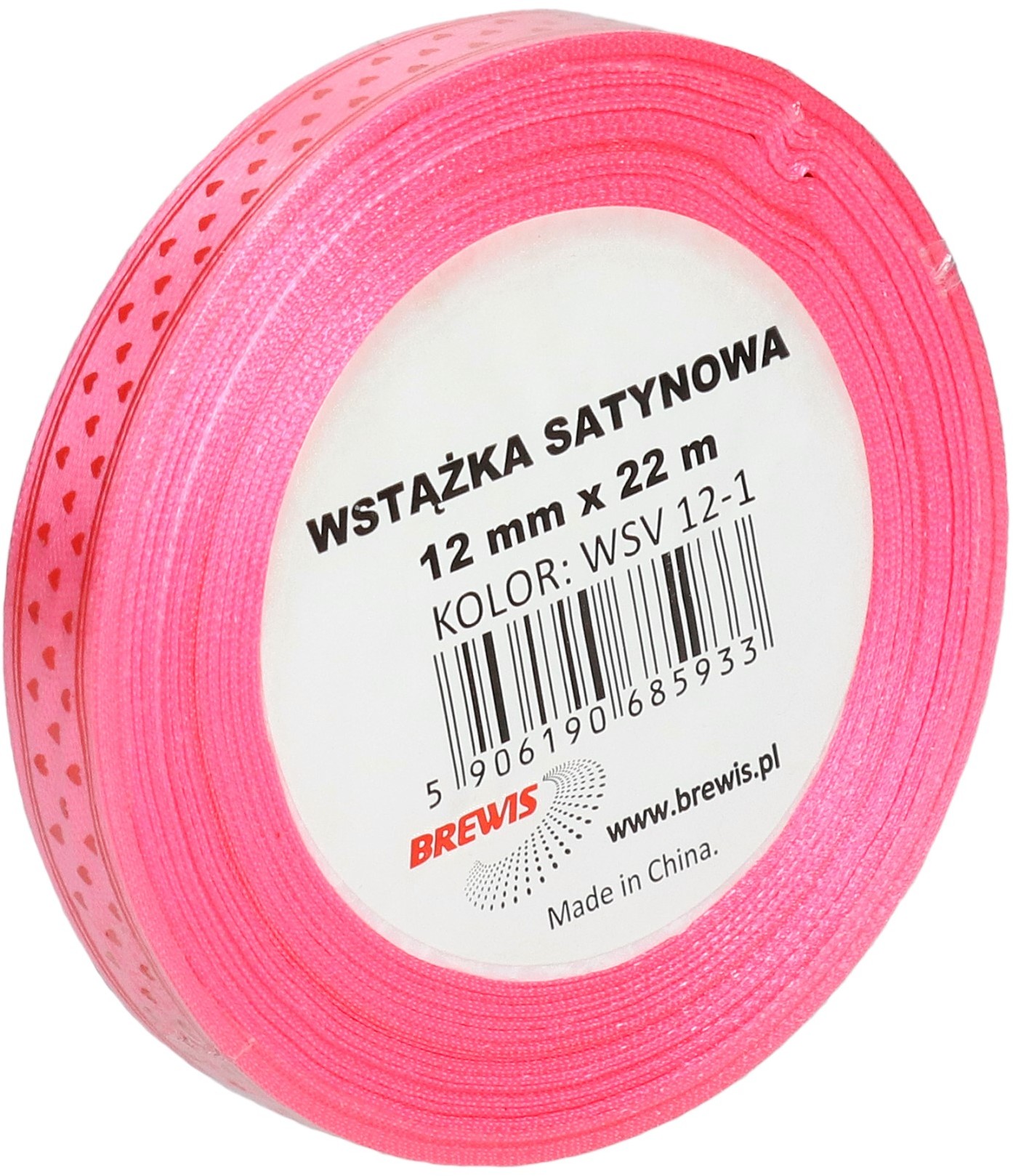 BREWIS Wstążka satynowa 12mmx22m serca ciemnoróżowe Brewis 1