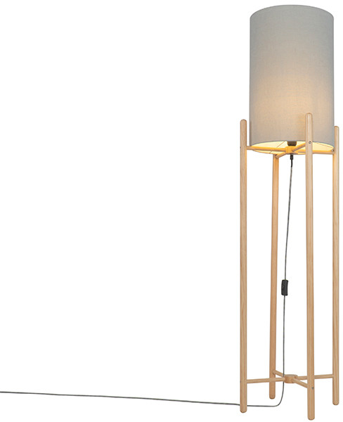 QAZQA Rustykalna lampa podłogowa drewniana z szarym abażurem - Lengi