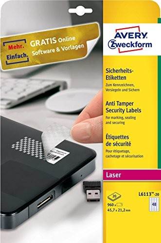 Avery Zweckform L6113  20 etykiety bezpieczeństwa (A4, 960 sztuk, 45,7 X 21,2 MM) 20 arkuszy Biały L6113-20