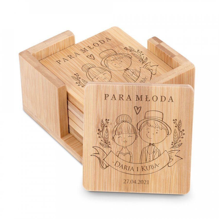 Murrano Podkładki bambusowe pod piwo kawę zestaw x6 grawer dla pary na ślub PDK-BMB-003