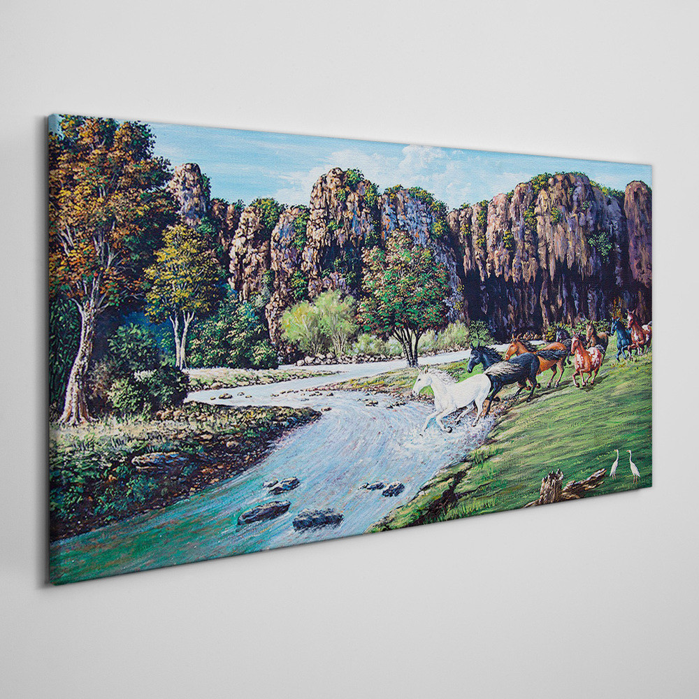 PL Coloray Obraz na Płótnie góry konie rzeka drzewa 140x70cm