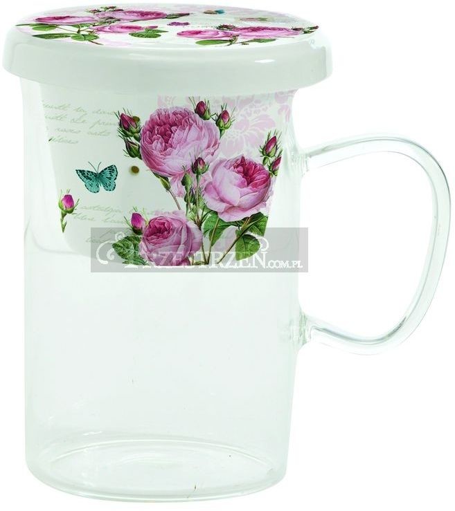 Nuova Cer Easy life r2s SZKLANY KUBEK Z PORCELANOWYM ZAPARZACZEM I POKRYWKĄ Romantic Roses RÓŻE (352 RMR)