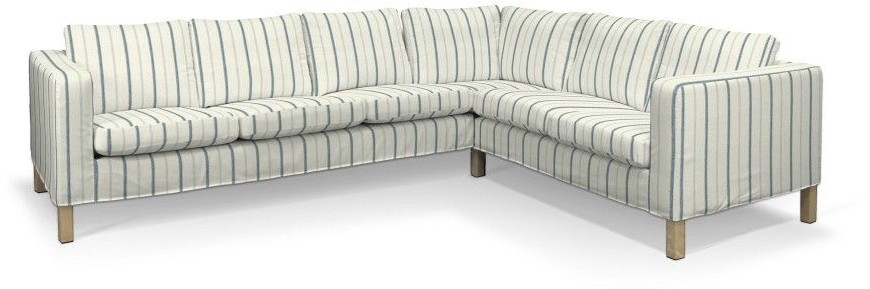 Dekoria Pokrowiec na sofę narożną lewostronną Karlanda ecru tło niebieskie paski Sofa narożna lewostronna Karlanda Avinon 699-129-66