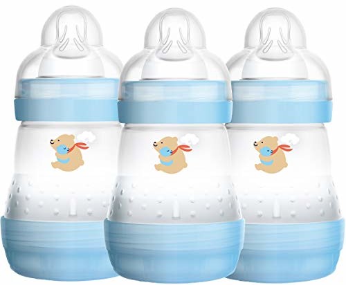 Mam Easy Start samosterylizująca antykolkowa butelka dla niemowląt, 3 szt. (3 x 160 ml) z smoczkami z powolnym przepływem, niezbędne akcesoria dla noworodków, niebieska (wzory mogą się różnić)