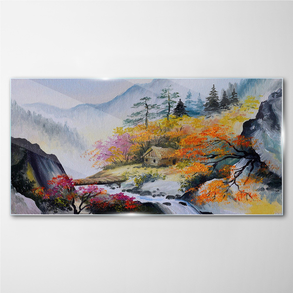 PL Coloray Obraz Szklany Abstrakcja Góry Drzewa Mgła 120x60cm