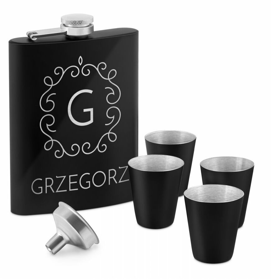 Murrano Piersiówka czarna z 4 kieliszkami i grawerem dla niego na imieniny PIER-BK-008