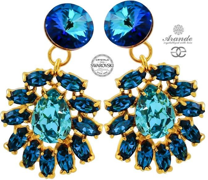 Swarovski Przepiękne Kolczyki Blue Turquoise Gold