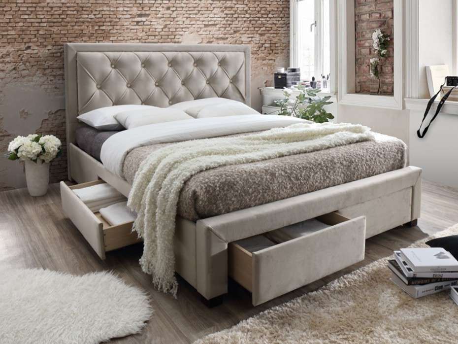 Vente-Unique Łóżko z szufladami LEOPOLD - Tkanina kolor szampan - 160 × 200 cm