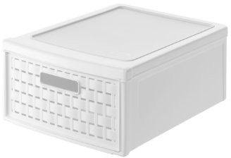 Rotho Country pojemnik z szufladą o fakturze rattanu, z polipropylenu (PP), wymiary: 35 x 26 x 14,5 cm, pojemność szuflady 8,3 l, kolor: biały 1114801100