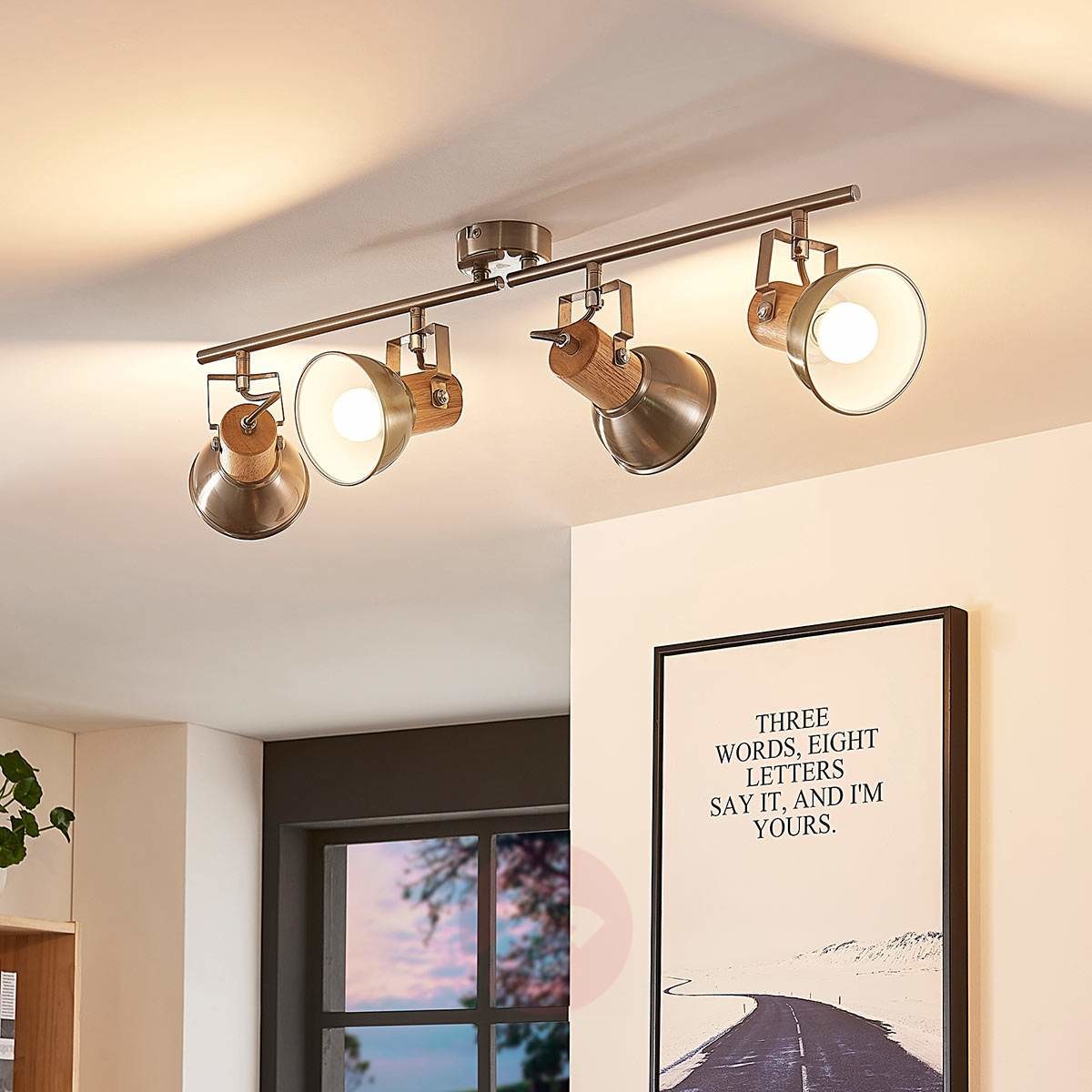 Lampenwelt COM 4-punktowa lampa sufitowa LED Dennis z drewnem