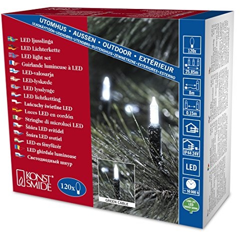 Konstsmide 6060 200 Mini/na zewnątrz (IP44)/zewnętrzny transformator 24 V/120 białych zimnych diod LED/przewód zielony 6060-200EE