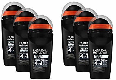 L'Oréal Men Expert Deo Roll-On, Carbon Protect, 6-częściowy zestaw zapasowy 4 w 1 ochrona podczas uprawiania sportu, przed potem, zapachem, bakteriami i białymi pozostałościami (6 x 50 ml)