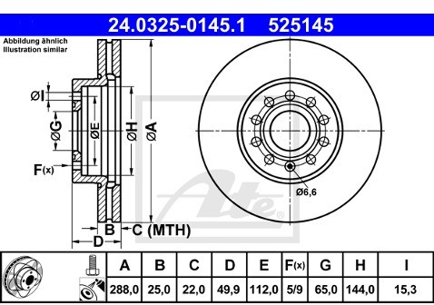 ATE TARCZA HAM POWER DISC 24.0325-0145.1 SKODA OCTAVIA 1.2TSI 15-/ SEAT LEON 1.0TSI 15-/ AUDI A3 1.6TDI QUATTRO 15-  24.0325-0145.1