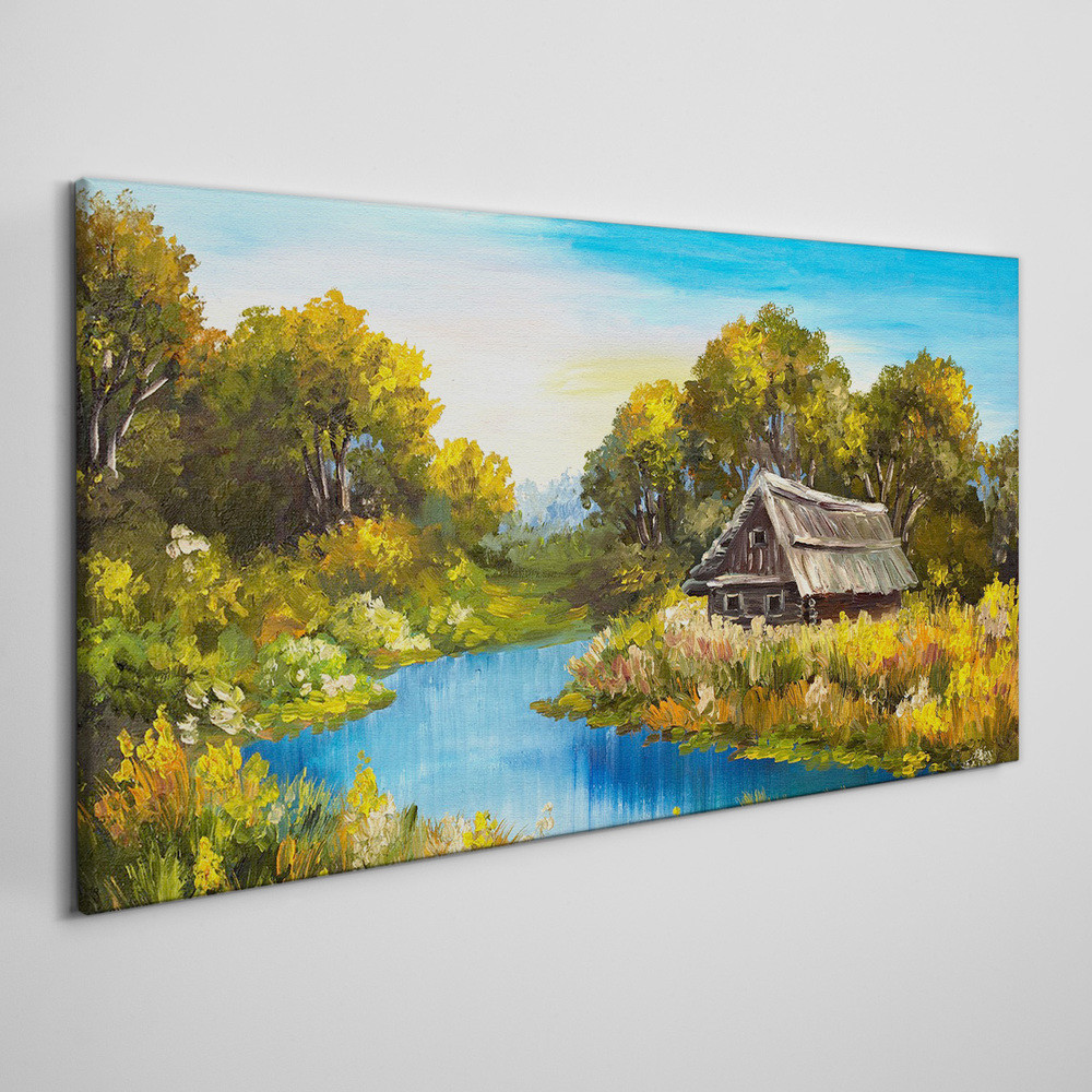 PL Coloray Obraz na Płótnie las rzeka niebo chata 100x50cm