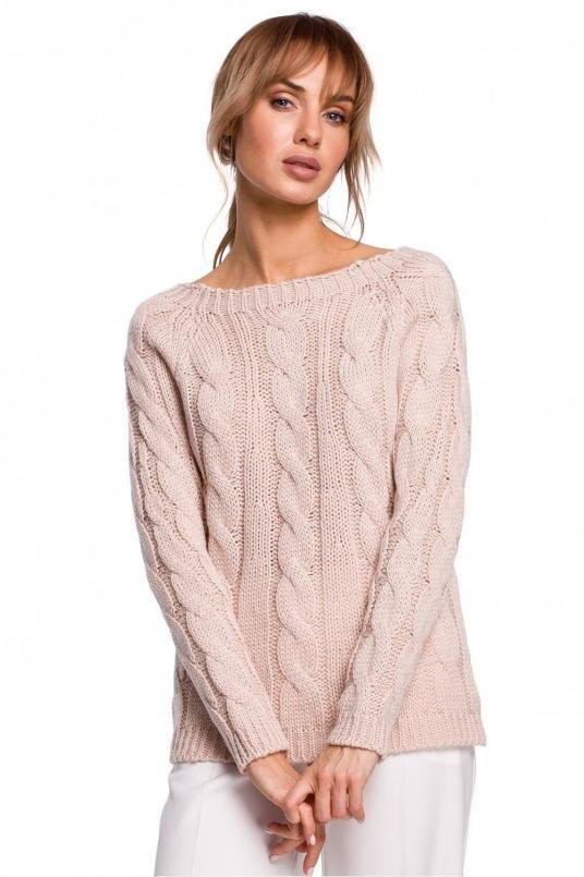 SukienkiShop Sweter damski ażurowy ze splotem typu warkocz pudrowy róż - SukienkiShop