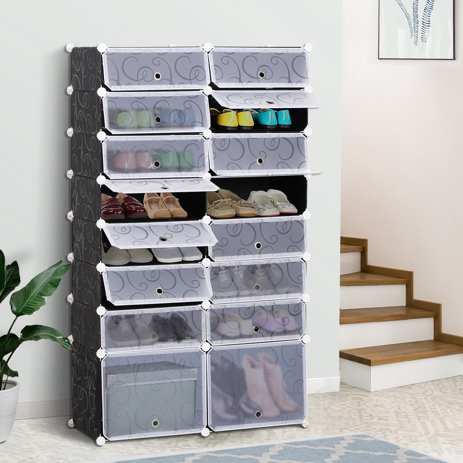 Homcom GARDEROBA REGAŁ SZAFKA NA BUTY DIY 16 KOSTEK Z PP czarny + biały 95 x3 7 x 160 cm