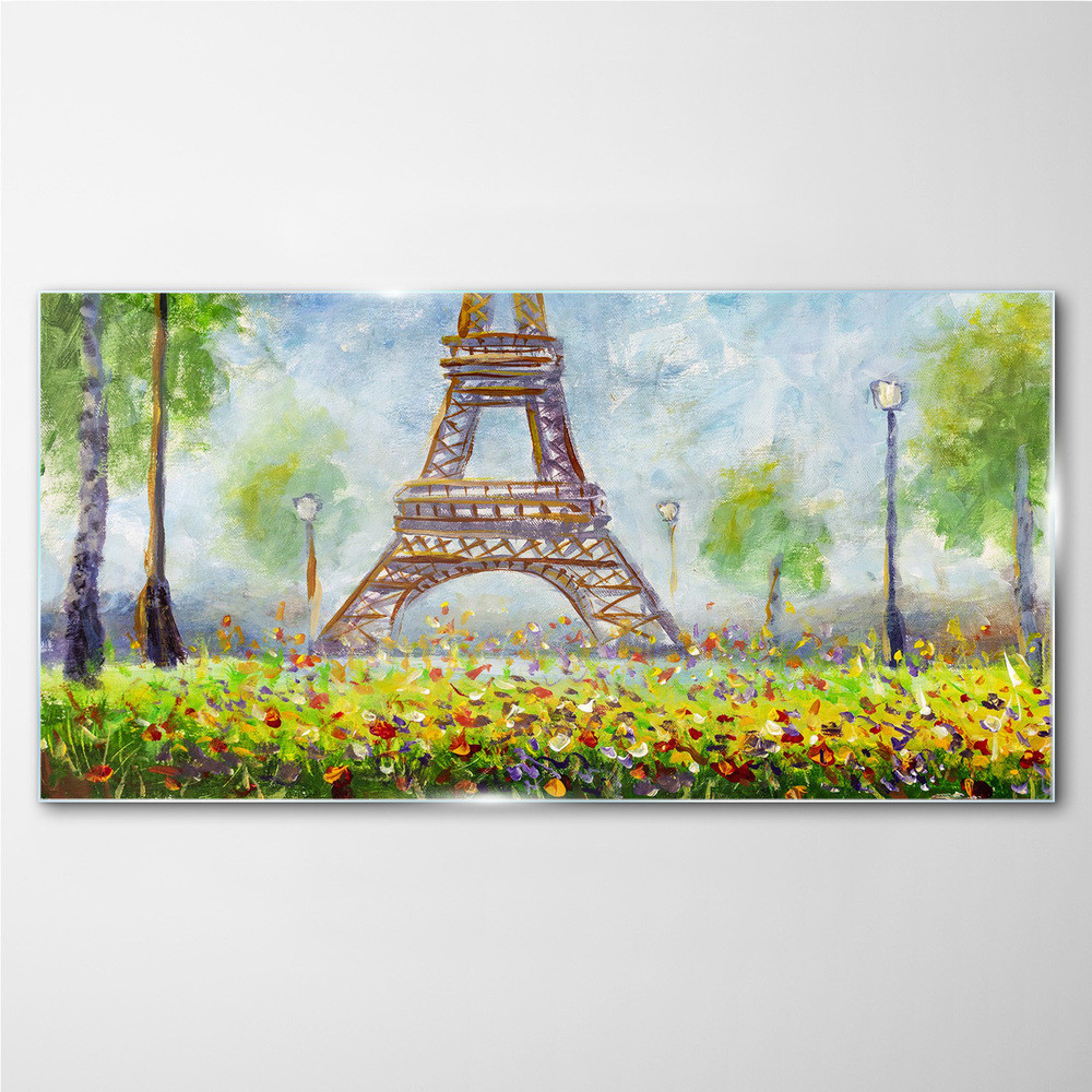 PL Coloray Obraz na Szkle kwiaty drzewa Eiffel wieża 120x60cm