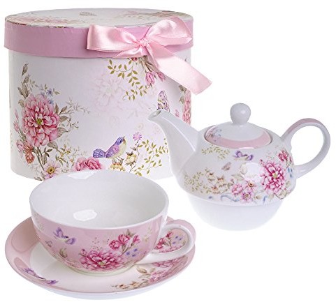 London Boutique Zestaw do herbaty Tea for One dzbanek na herbatę filiżanka suacer tulipan motywów Chic Flora ptak róża Butterfly porcelana prezent-Box, rose, 15x15cm