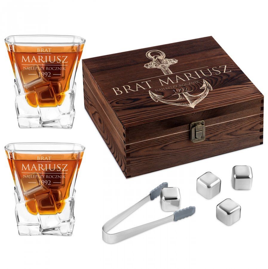 Murrano Zestaw kamienie kostki do whisky ze szklankami z grawerem dla brata ZESZKOS2-004