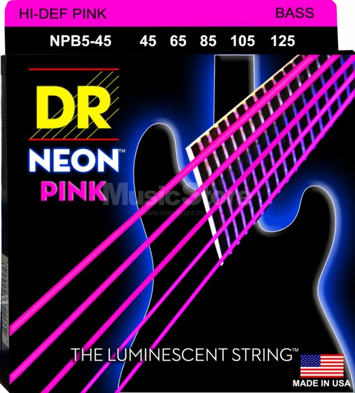 DR Strings neon Hi-Def Pink - Bass String Set, 5-String, Medium, .045-.125