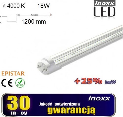 Nvox Świetlówka  Świetlówka led 120cm 18w t8 4000k g13 neutralna przezroczysta jednostronna INOXX 120T8K4000 AL TR FS 1S