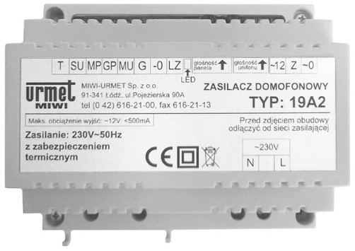 Urmet Zasilacz Domofonowy 19A2 Din 4+N Interkom