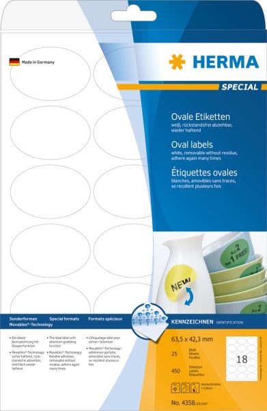 Herma Etik. A4 wei 63,5x42,3 mm oval ablsb. Papier 450 St. - 4358