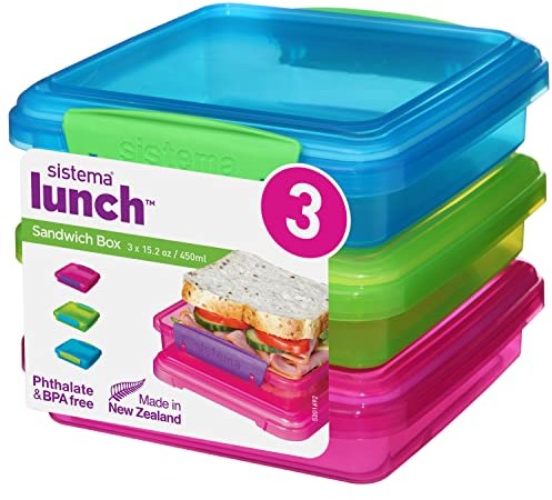 Sistema Sistema 41647 Pojemniki na Lunch z Kontrastującymi Klipsami, Wielokolorowe, 450 ml, 3 Sztuki 41647