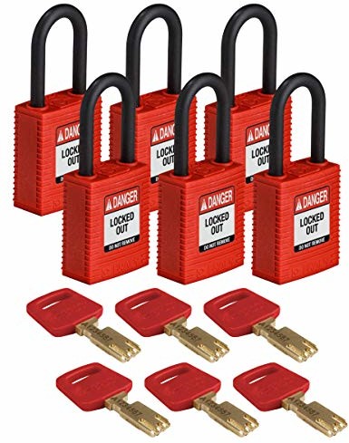 Brady Nylonowa kłódka SafeKey, 38 mm x 84 mm x 19 mm, czerwona, opakowanie 6 sztuk 754473611262