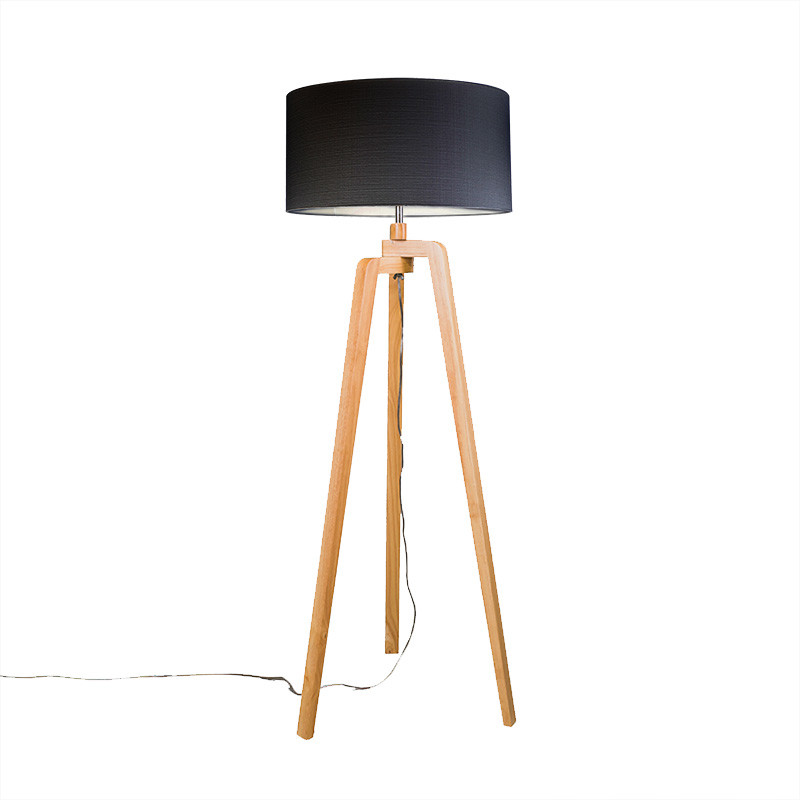 QAZQA Lampa podłogowa trójnóg drewno klosz czarny 50cm - Puros