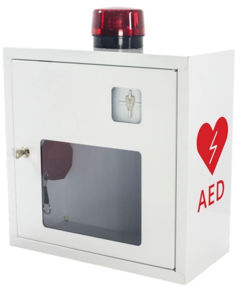 PROJEKT AED ASB1021 - metalowa szafka z alarmem dźwiękowym i świetlnym + kluczyk na defibrylator wewnątrz budynku - 37 x 37 x 17 cm.